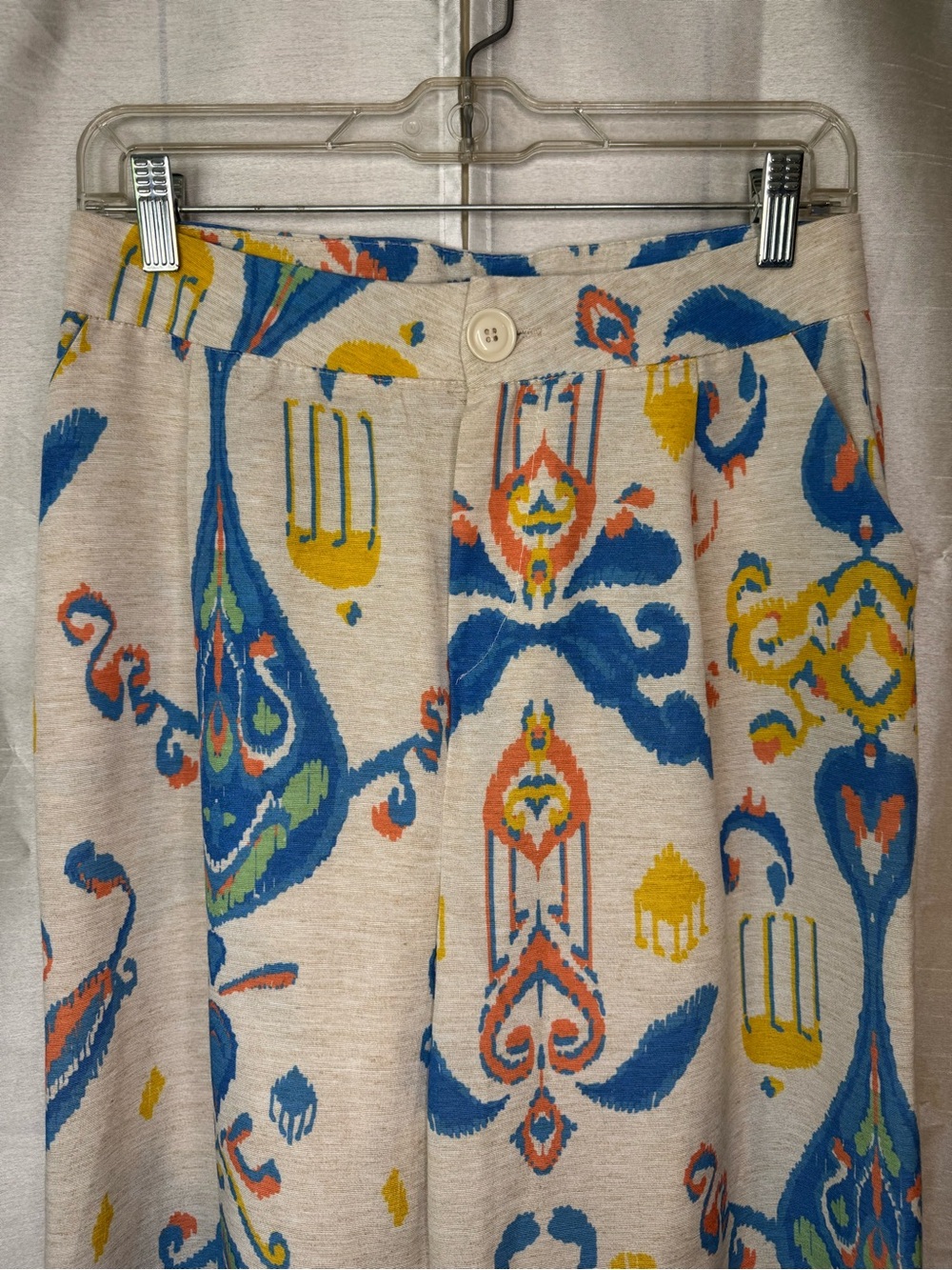 Cream Wide-Leg Printed Pants with Blue & Yellow Ikat Motif - Picture 5 of 8